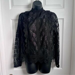Revamped blouse lace black collared long sleeve Women Large top
